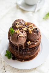 Stack of Homemade Chocolate Pancakes with Chocolate Ice-Cream