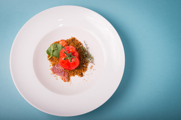 Haute cuisine presentation of false tomate with ham and bread.