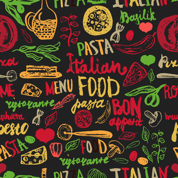Italian food Seamless Background with Various Groceries: Pasta, Vegetables, pizza and Mushrooms
