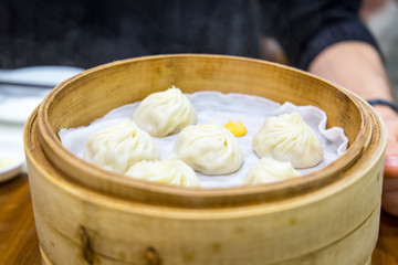 Cooked Chinese Dumplings Inside of Bamboo Steamer, Close-up