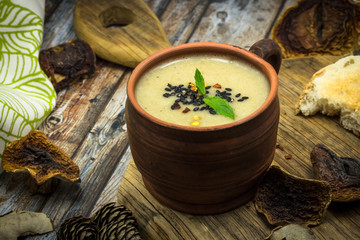 Homemade cream soup with dried wild mushrooms