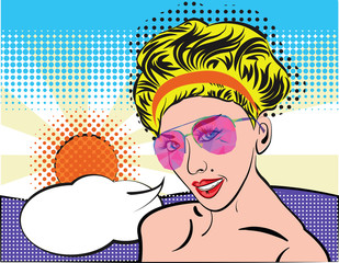 Pop Art woman with sunglasses on the summer beach, comic style. Blond vintage girl face with speech bubble, sun and relax. Fashion young girl, pop art style illustration. Vintage pretty lady