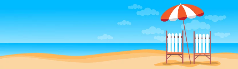Fototapeten Sommer Strandurlaub Sonnenliege mit Regenschirm Sand tropische Banner Textfreiraum © mast3r