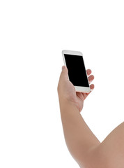 Hand holding mobile smart phone with blank screen. Isolated