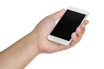 Hand holding mobile smart phone with blank screen. Isolated