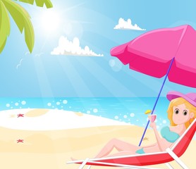 Obraz na płótnie Canvas Beautiful girl relaxing on the beach while Enjoying Summer Drinks