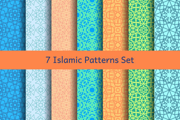 Set of 7 islamic patterns. Wallpaper backgrounds with abstract texture. Geometric patterns.