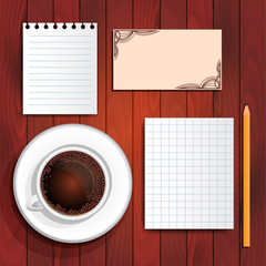 Fototapeta na wymiar Scratchpad sheets, coffee, business card on table