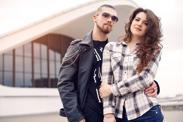 Young and happy couple having fun in the city