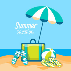 Luggage Flip Flops Ball Under Umbrella Summer Vacation Trip Tropical Island Seaside Beach