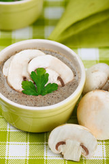 Mushroom ceam soup with bread with green tablecloth