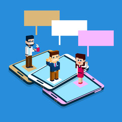 Business People Stand On Big Cell Smart Phone Social Network Communication Man Woman With Chat Bubble 