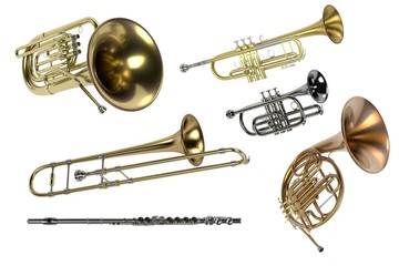 3d rendering of brass musical instruments