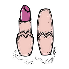 Fototapeta premium Pink hand drawn women lipstick. Fashion and beauty trend. Sketch illustration. Cosmetics for lips care. Vector isolated objects.