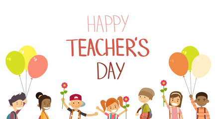 Teacher Day School Children Group Hold Flowers Balloons Holiday Greeting Card