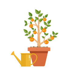 Money tree with watering can. Financial growth concept,Money growth, making money, investment, profit, financial management concept
