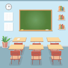 School classroom with chalkboard and desks. Class for education, courses or training