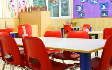 small red chairs within a class of kindergarten