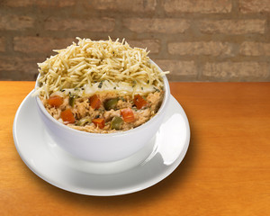 A savory curried chicken salad, vegetable and potato fried.