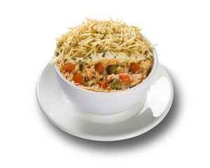 A savory curried chicken salad, vegetable and potato fried.