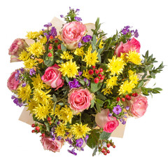 Yellow and pink flowers bouquet isolated on white