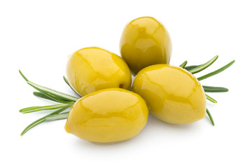 Olives on leaves isolated on white.