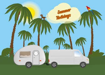 Caravan camper trailer with van traveling in jungle