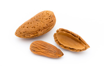 Group of almond nuts. Isolated on a white background.