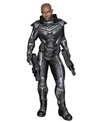 Science fiction illustration of a black male future soldier in protective armoured space suit, standing holding pistols, 3d digitally rendered illustration © Algol