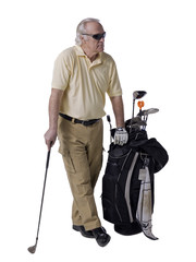 old golfer with bag beside