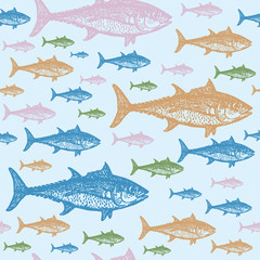 Tuna fish colourful seamless vector pattern.