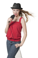 young woman with microphone