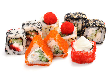 Set of various japanese fusion rolls isolated