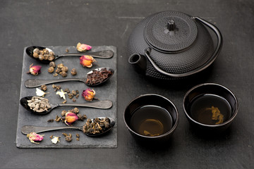 Cast iron tea set. Various green tea.