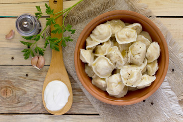 Dumplings with meat, top view. Traditional Russian and Ukrainian