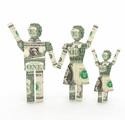 One dollar bill family origamy 3D rendering