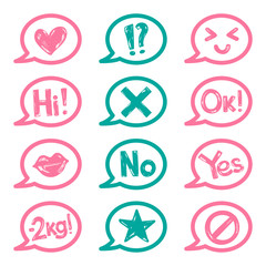 Set of stickers for woman diary. Vector illustration with hand-draw doodles symbols: heart, star, lips, words and other.