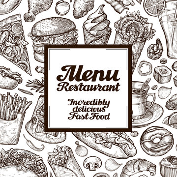 vector vintage sketches fast food illustration. design template menu covers for restaurant or cafe