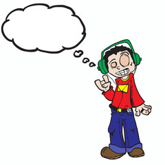 boy with thought bubble listening to music