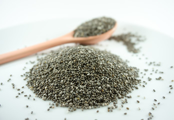 Chia seeds on white dish background