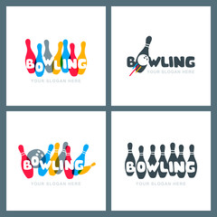 Set of vector hand drawn bowling logo, icons and emblems. Doodle colorful lettering. Bowling ball and bowling pins symbol. Trendy design for bowling center, tournament or championship.