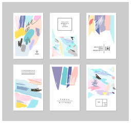 Set of artistic creative universal cards. Hand Drawn textures. 