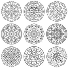 Set of 9 decorative elements mandala in black and white.