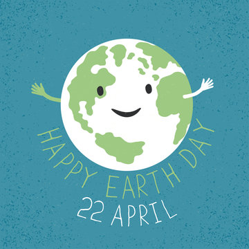 Earth Day Illustration. Earth smiling and reveals a hug. Grunge