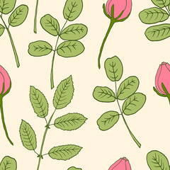 Vector seamless pattern with pink rose buds and leaves.