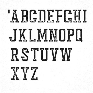 Retro serif typeface. Stamped grunge alphabet. Isolated on white