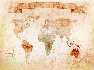 Obraz na płótnie Canvas background world map on old wall with crack, the windrose, banner.vector illustration