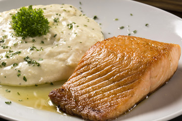 Salmon steak with risotto rice