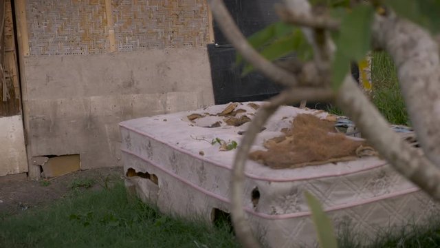 A dolly shot of an abandoned torn mattress sitting outside a deserted home