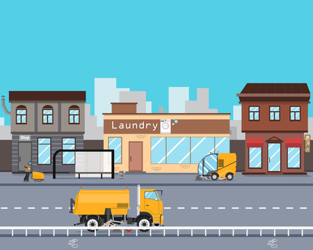 Heavy Equipment cleans the streets of the city from garbage and dust. Cleaning equipment. Road works. Vector illustration